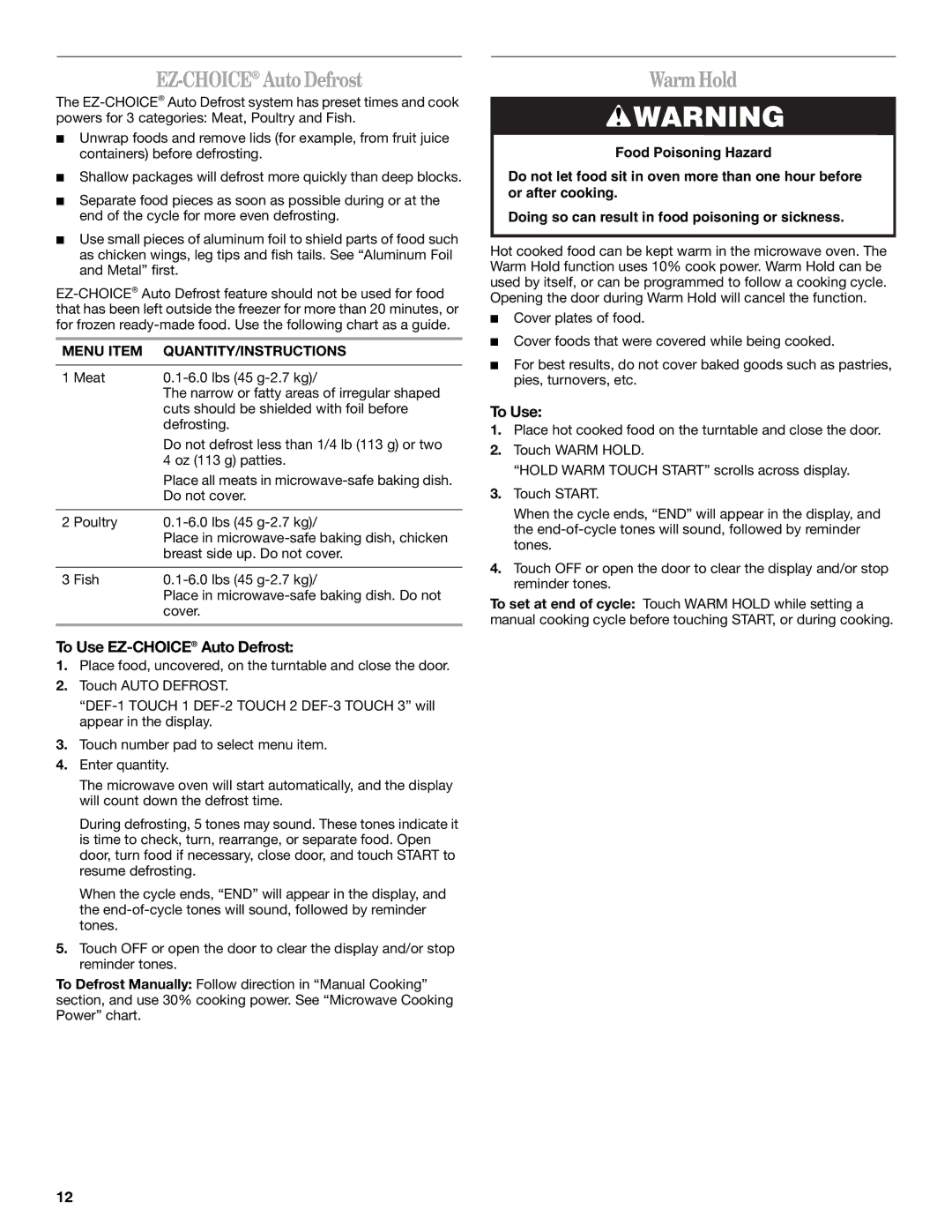 Whirlpool MT4110 manual EZ-CHOICEAutoDefrost, WarmHold, To Use EZ-CHOICEAuto Defrost 