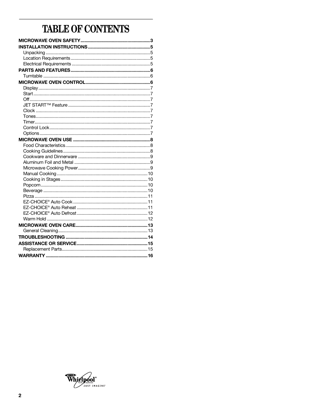 Whirlpool MT4110 manual Table of Contents 