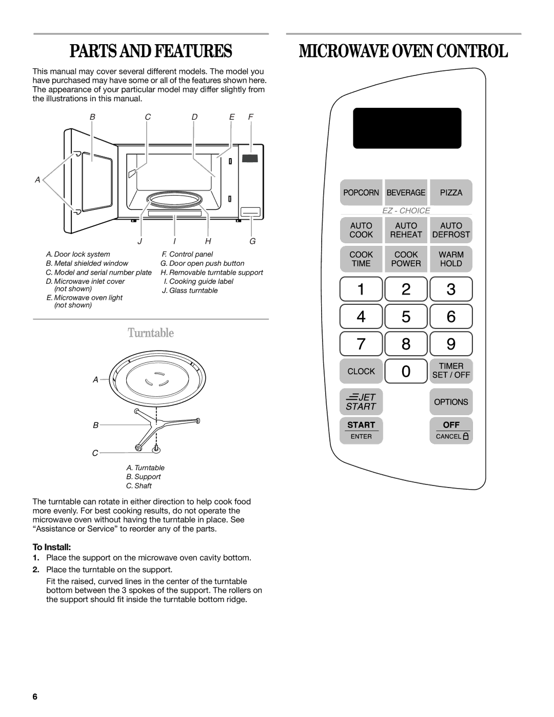 Whirlpool MT4110 manual Parts and Features, Turntable, To Install 