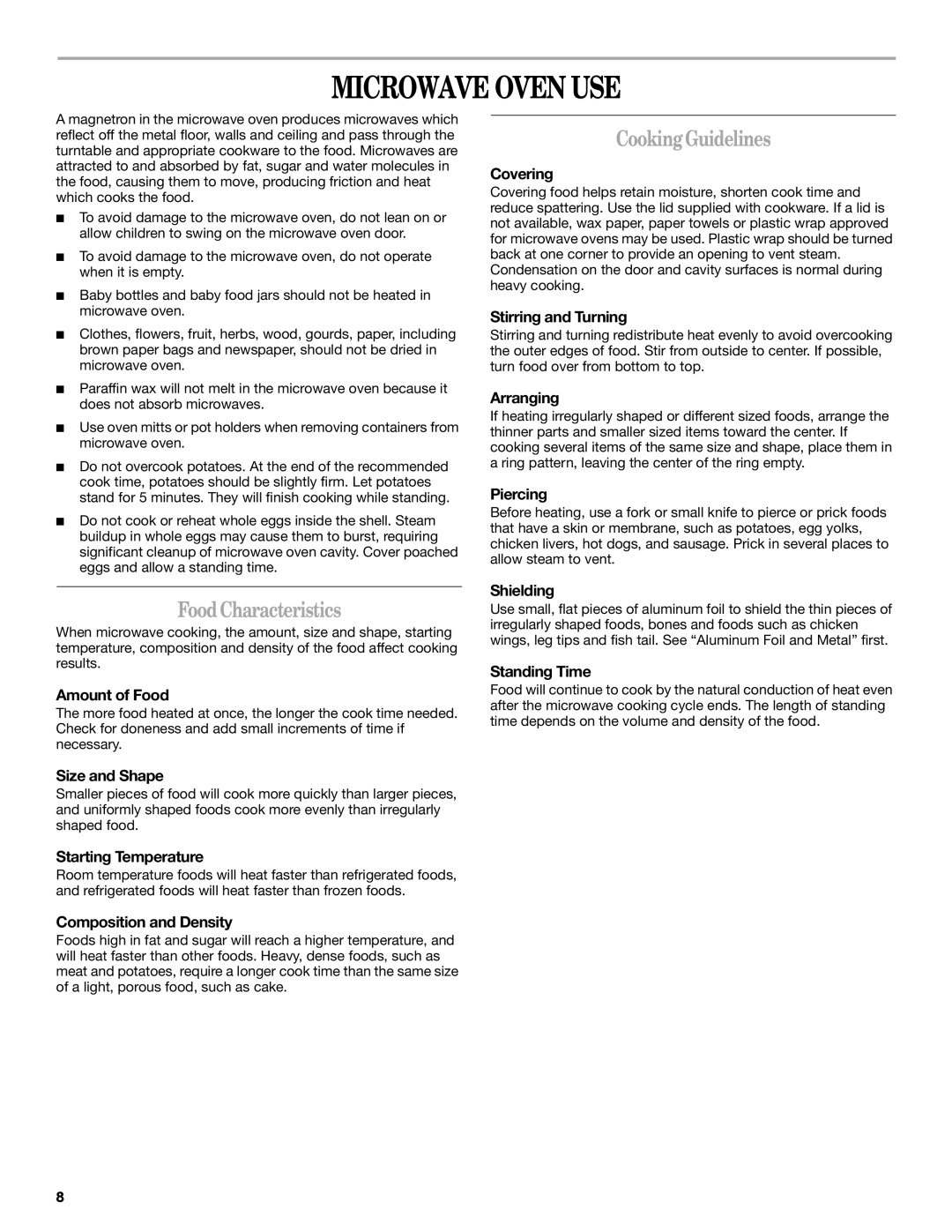 Whirlpool MT4110 manual Microwave Oven USE, FoodCharacteristics, CookingGuidelines 