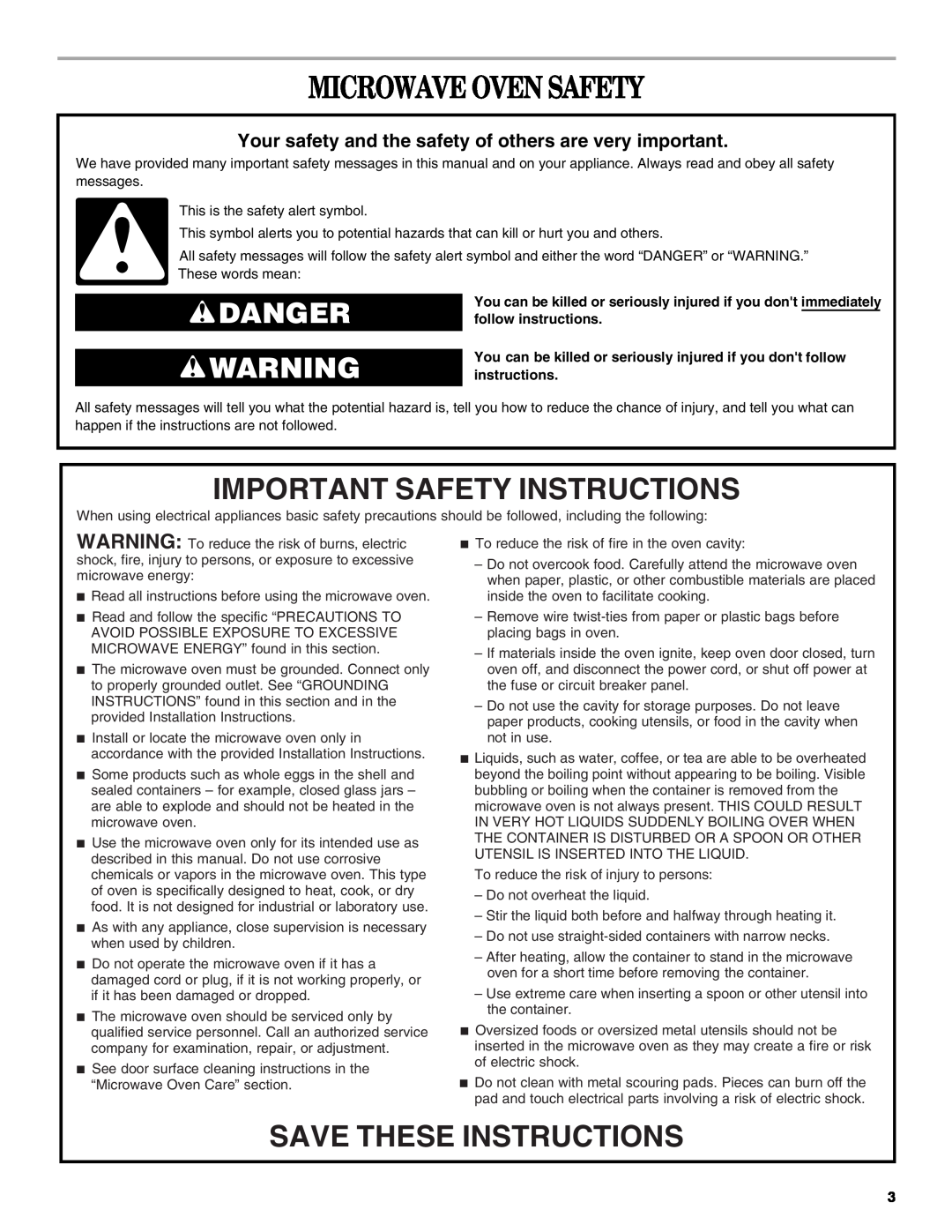 Whirlpool MT4110 manual Microwave Oven Safety, Important Safety Instructions, Save These Instructions, Danger 