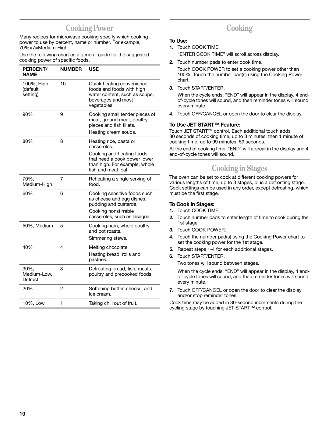 Whirlpool MT4110RP manual Cooking Power, Cooking in Stages 