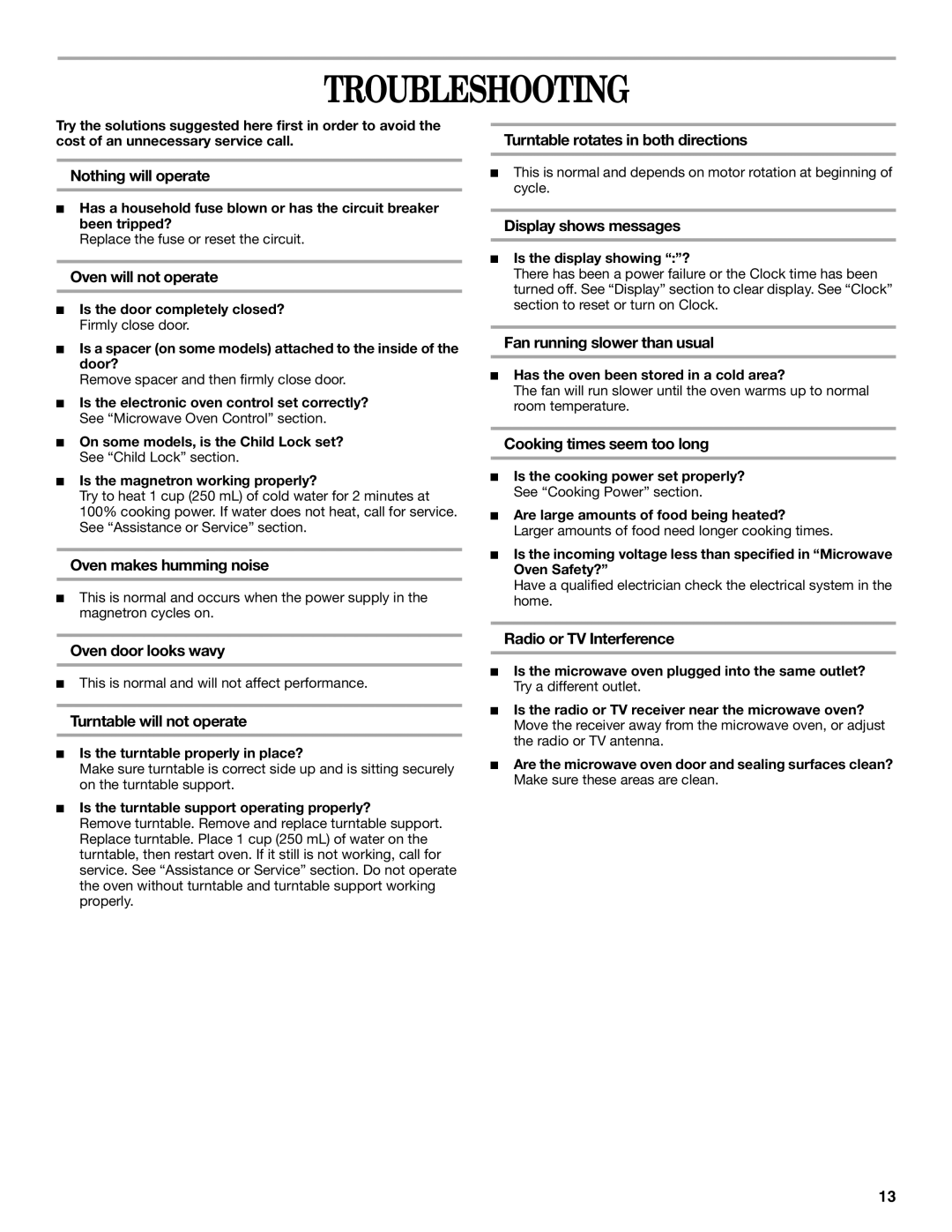 Whirlpool MT4110RP manual Troubleshooting 