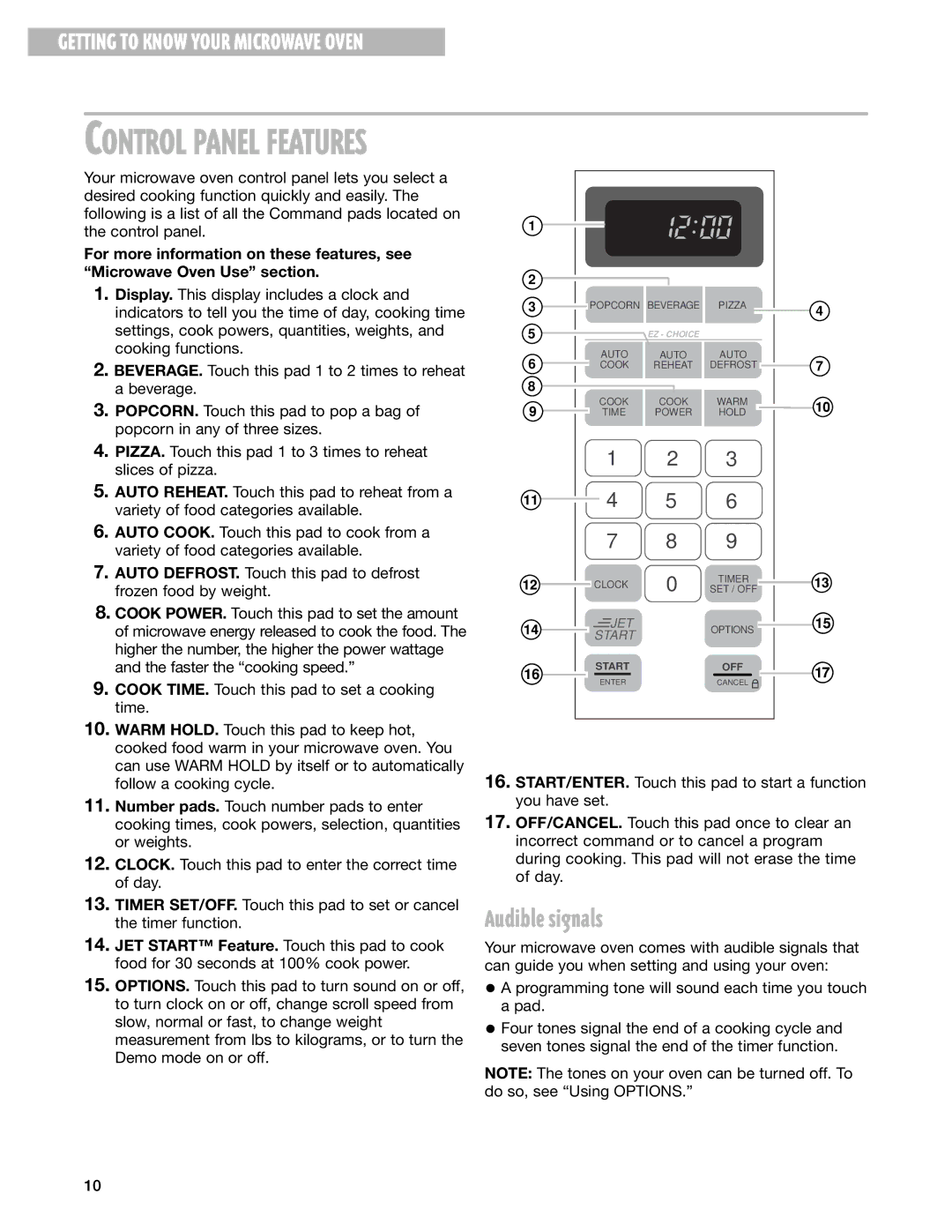 Whirlpool MT4110SK installation instructions Control Panel Features, Audible signals 