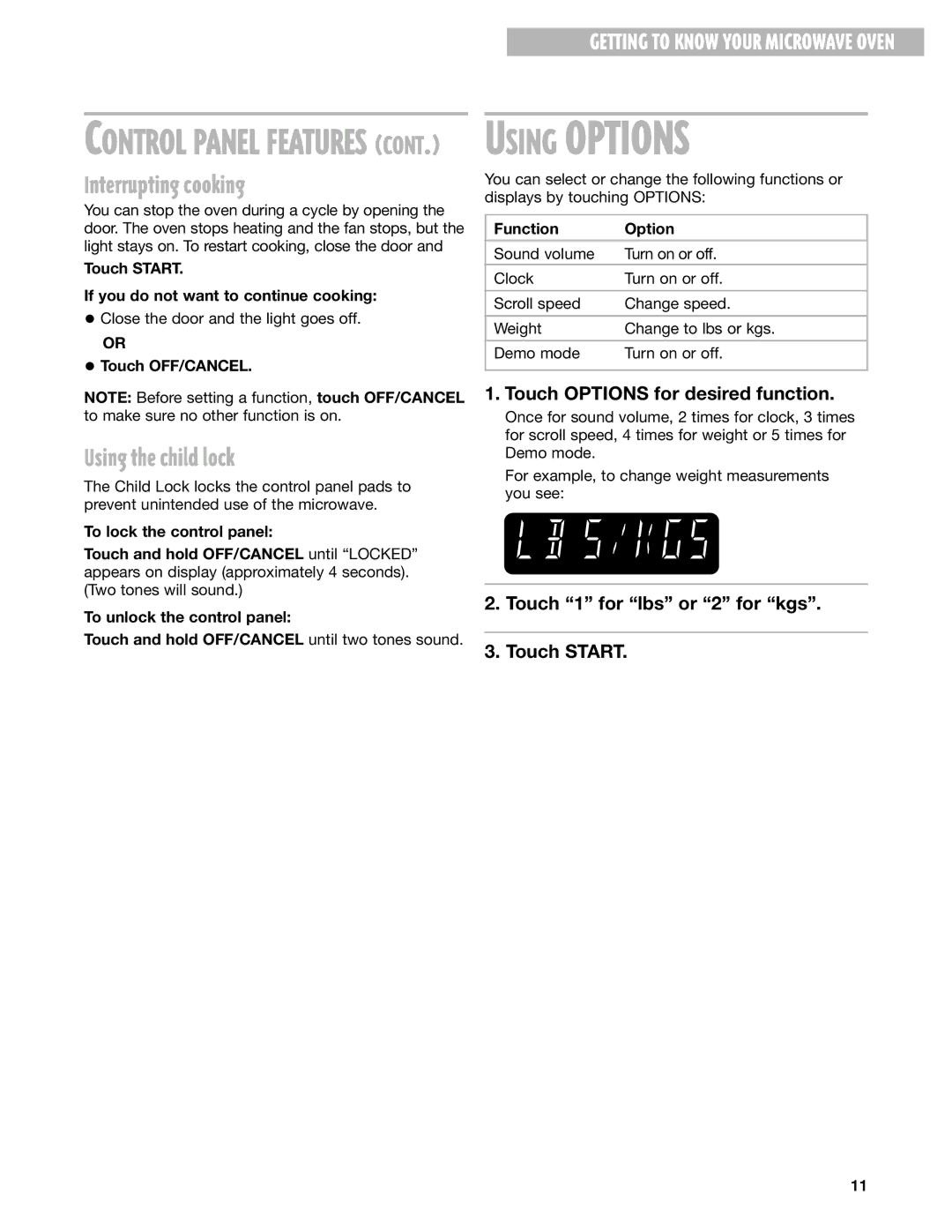 Whirlpool MT4110SK Interrupting cooking, Using the child lock, Touch Start If you do not want to continue cooking 