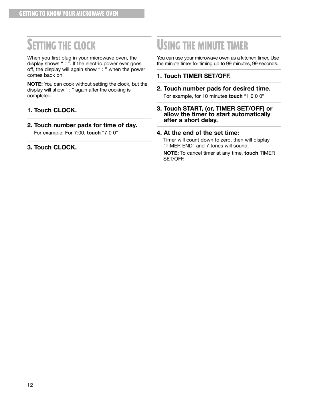 Whirlpool MT4110SK installation instructions Setting the Clock 