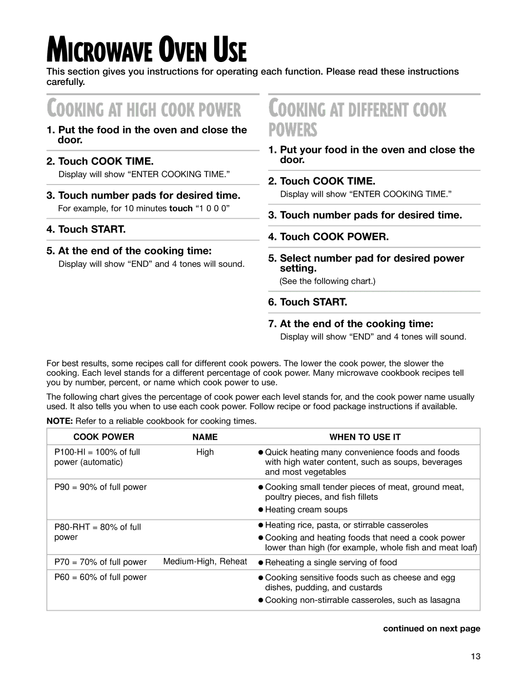 Whirlpool MT4110SK installation instructions Microwave Oven USE, Cooking AT High Cook Power 