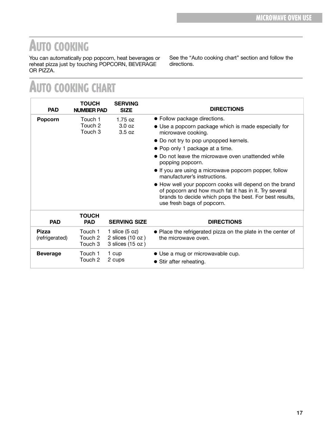 Whirlpool MT4110SK Auto Cooking Chart, PAD Touch Serving Directions, Touch Serving Size Directions PAD 