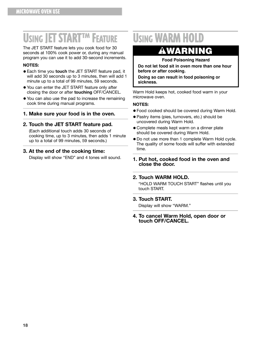 Whirlpool MT4110SK installation instructions Using Warm Hold 