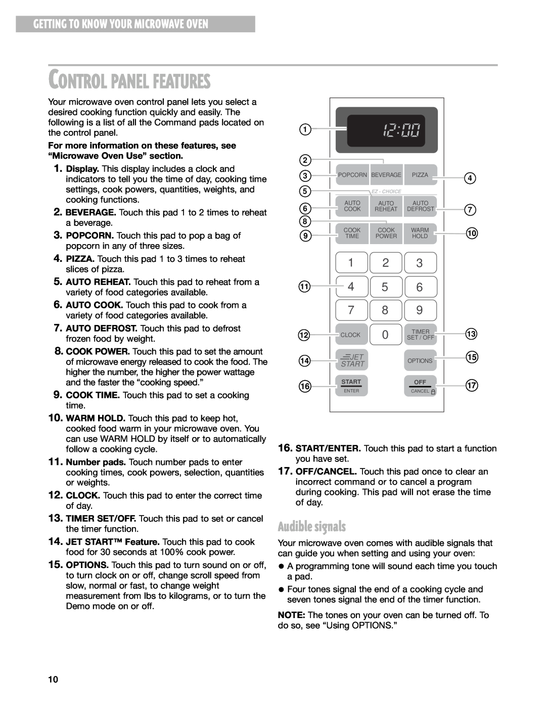 Whirlpool MT4110SK installation instructions Control Panel Features, Audible signals, Getting To Know Your Microwave Oven 