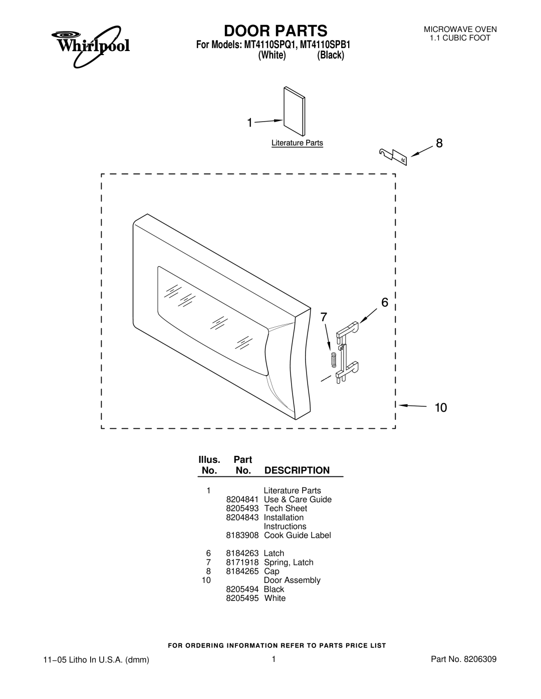 Whirlpool installation instructions Door Parts, For Models MT4110SPQ1, MT4110SPB1 White Black 