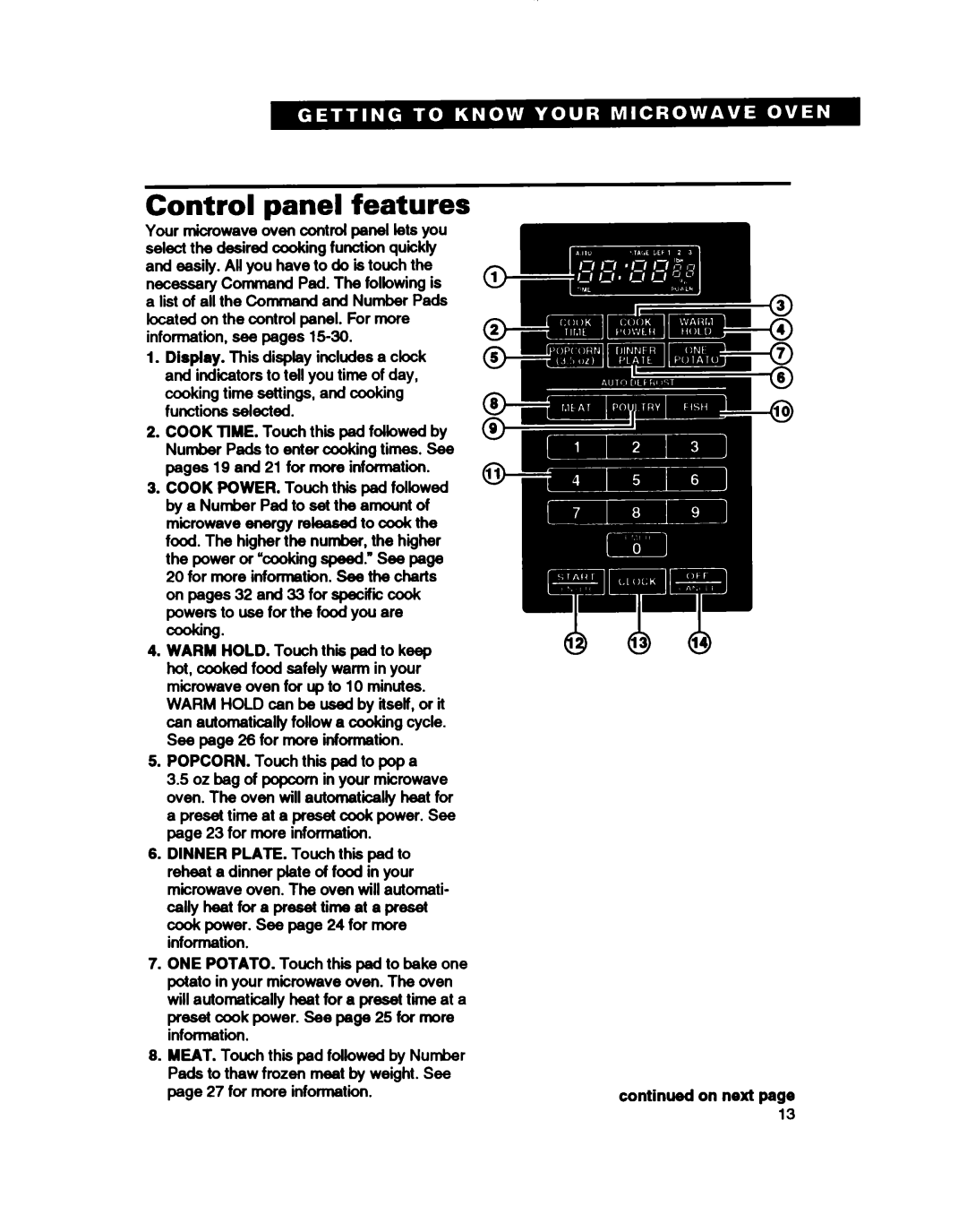 Whirlpool MT2081XB Control panel features, Powers to use for the food you are cooking, POPCORN. Touch this pad to pop a 