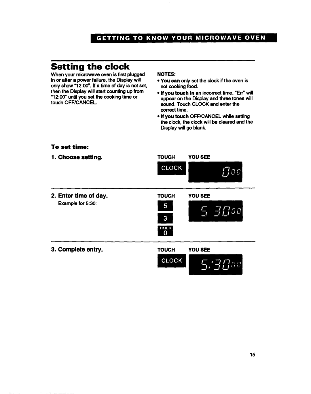 Whirlpool MT2081XB, MT411IXB warranty Setting the clock, Choose settlng, Enter time of day, Complete entry, To set time 