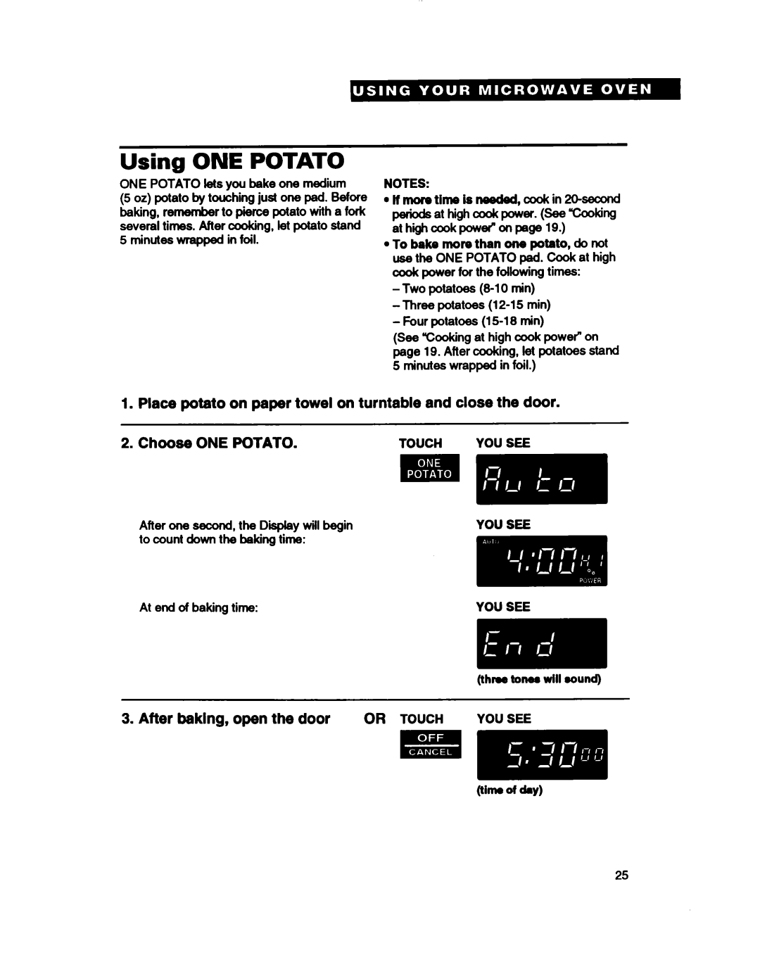 Whirlpool MT2081XB Using ONE Potato, Place potato on paper towel on turntable and close the door, Choose ONE Potato 