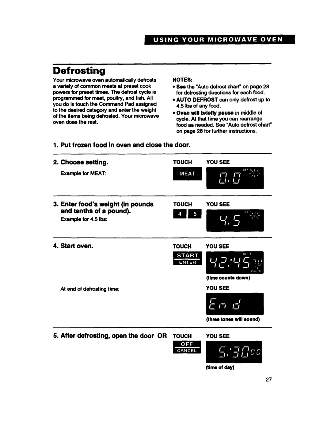 Whirlpool MT2081XB, MT411IXB warranty Defrosting, Put frozen food in oven and close the door Choose setting 