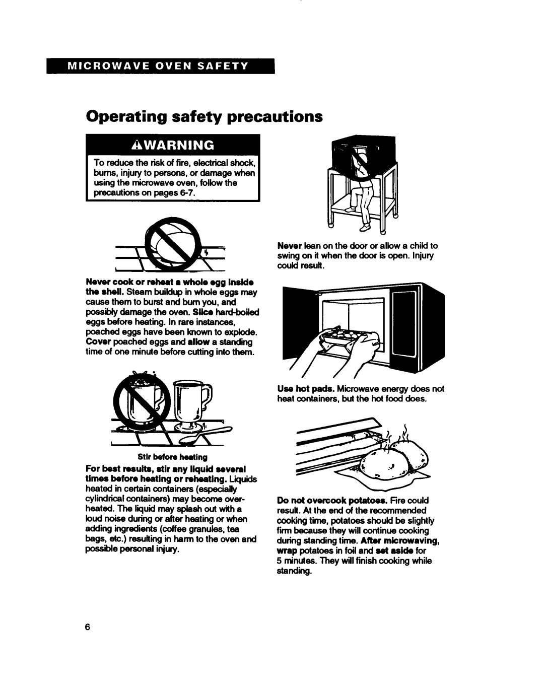 Whirlpool MT411IXB Operating safety precautions, Stir before Ming, Minutes. They will finish cooking while standing 