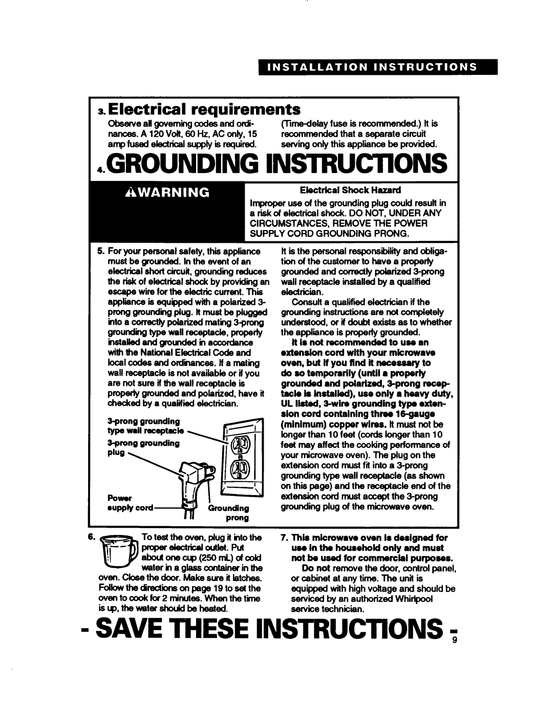 Whirlpool MT2081XB, MT411IXB Electrical requirements, Uppfycord, Prong groundlng Type wall recelptack 3gwyw-3g Power, Tty 