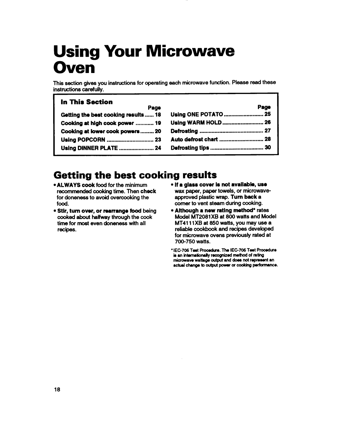 Whirlpool MT411IXB, MT2081XB warranty Using Your Microwave Oven, Getting the best cooking, results, In This, Section 