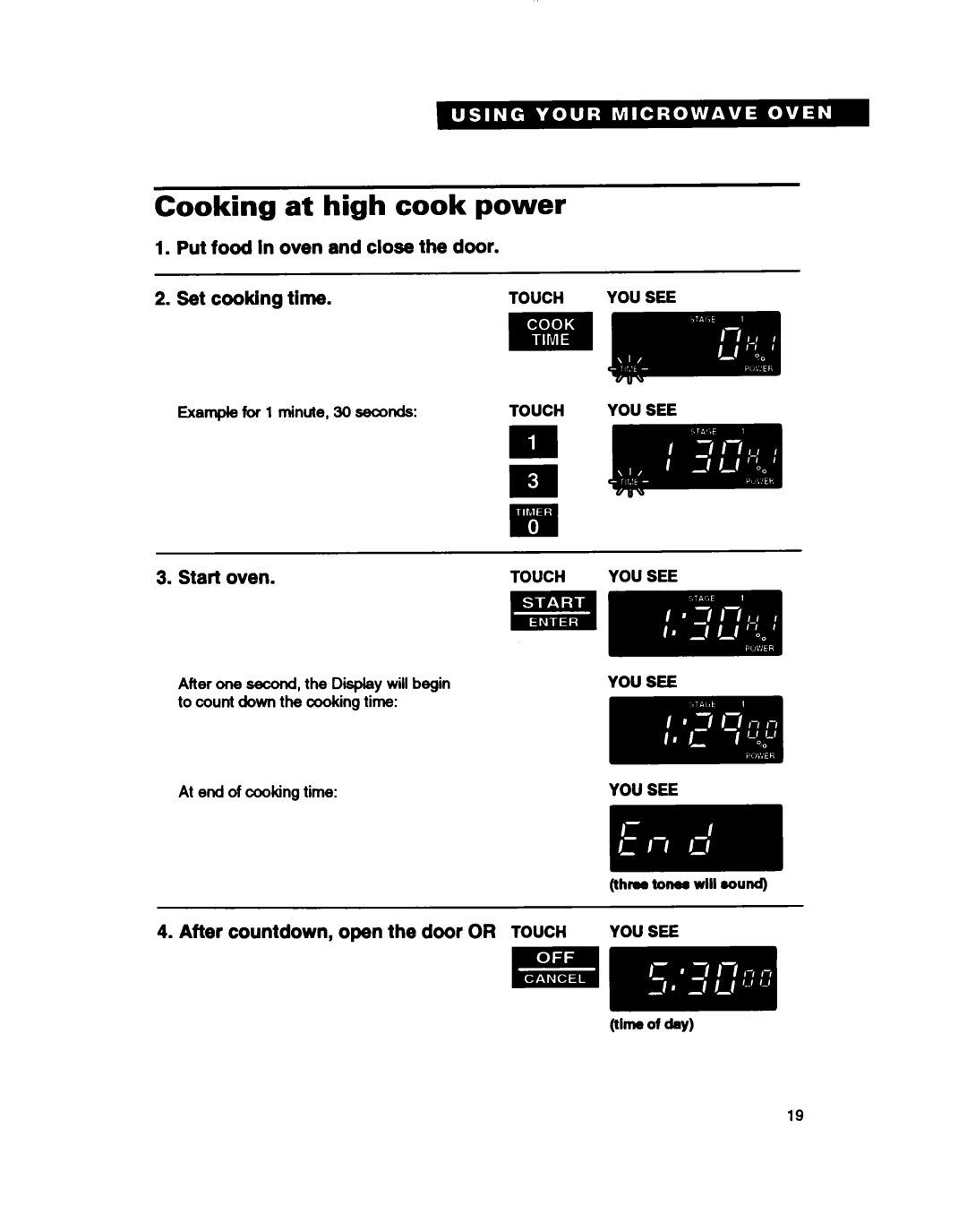 Whirlpool MT2081XB Cooking, at high cook, power, Put food In oven and close the door, Set cooking, time, Start oven 