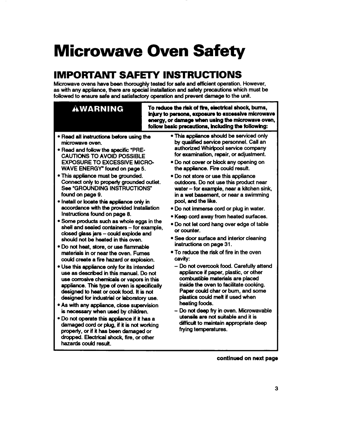 Whirlpool MT2081XB, MT411IXB warranty Microwave Oven Safety, Important Safety Instructions 