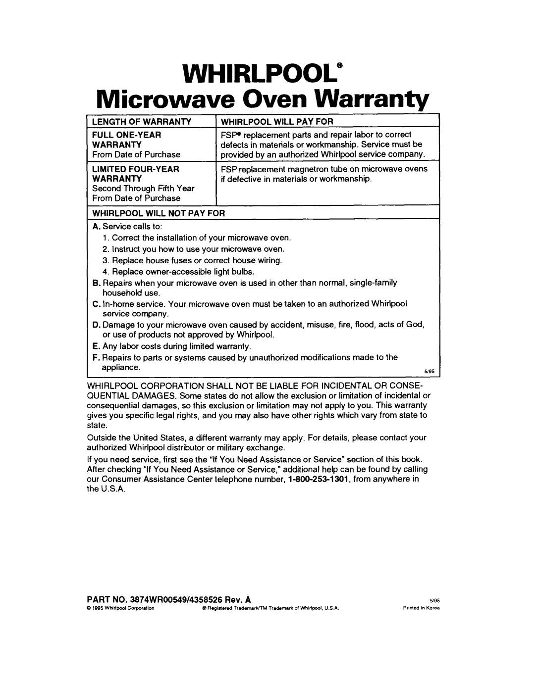 Whirlpool MT411IXB, MT2081XB warranty WHIRLPOOL” Microwave Oven Warranty 
