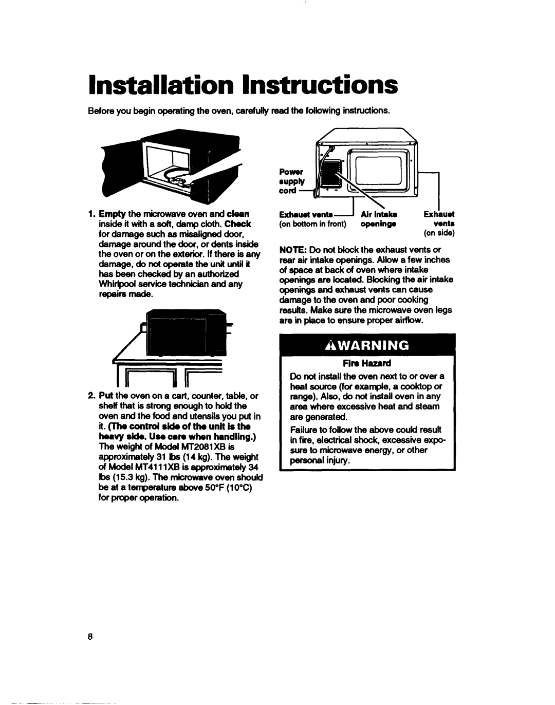 Whirlpool MT411IXB, MT2081XB warranty Installation Instructions 