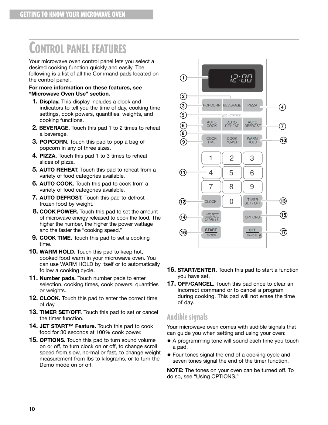 Whirlpool MT4140SK, MT4210SK installation instructions Control Panel Features, Audible signals 