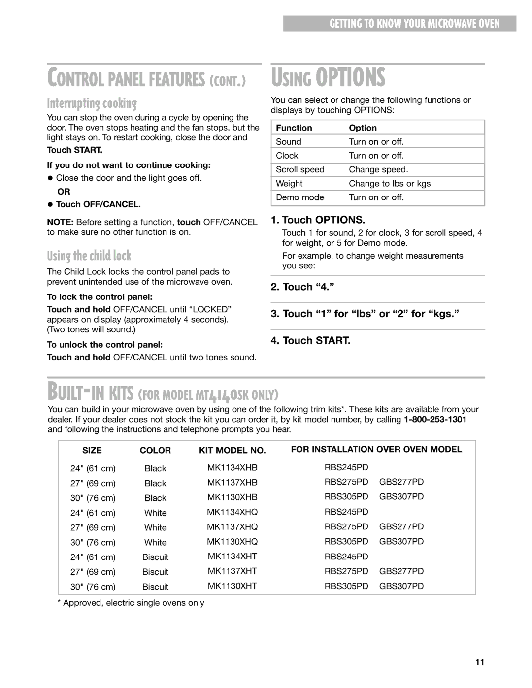 Whirlpool MT4210SK Interrupting cooking, Using the child lock, Size Color KIT Model no For Installation Over Oven Model 