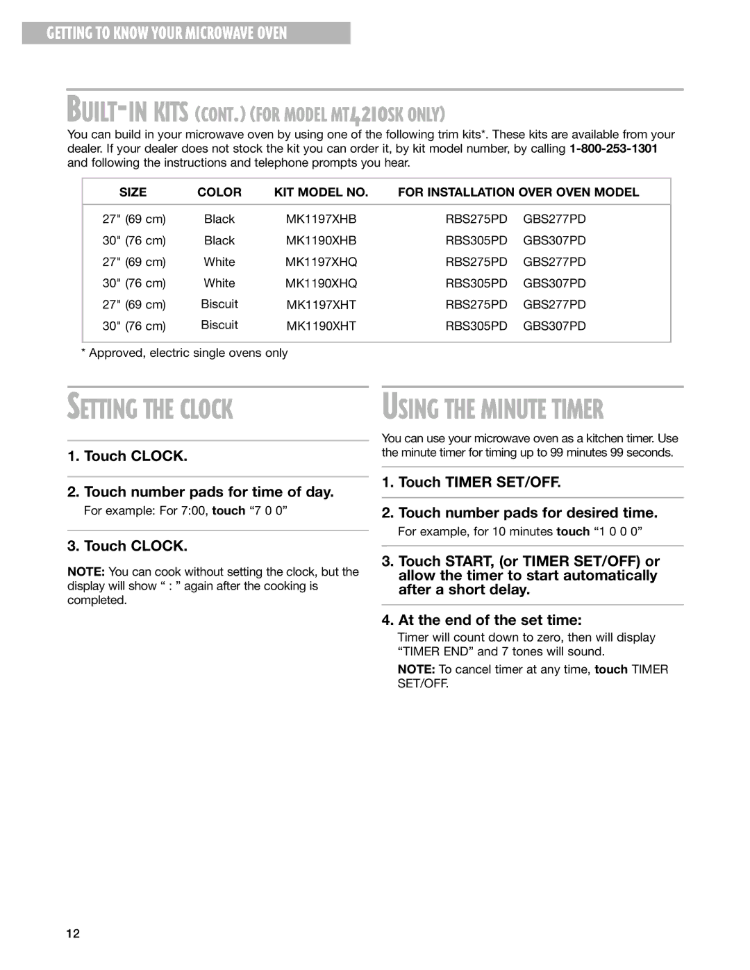 Whirlpool MT4140SK, MT4210SK installation instructions Setting the Clock 