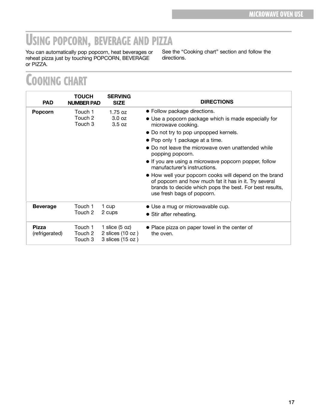 Whirlpool MT4210SK, MT4140SK Using POPCORN, Beverage and Pizza, Cooking Chart, PAD Touch Serving Directions, Size 