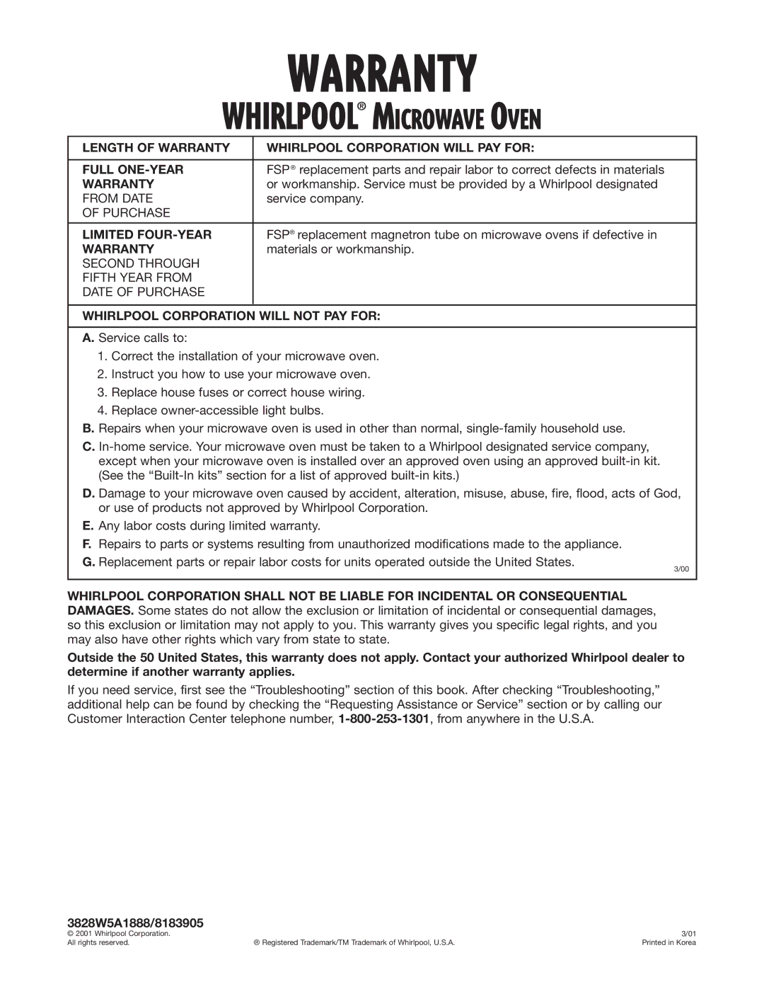 Whirlpool MT4140SK, MT4210SK installation instructions Warranty, Limited FOUR-YEAR, Whirlpool Corporation will not PAY for 