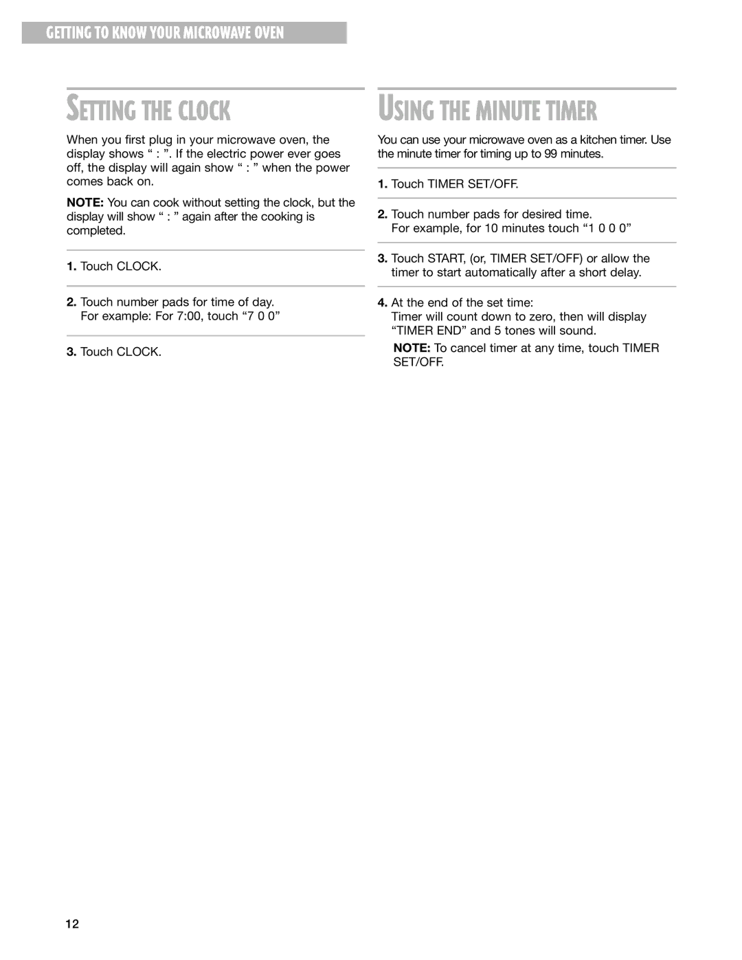 Whirlpool MT4145SK installation instructions Setting the Clock 