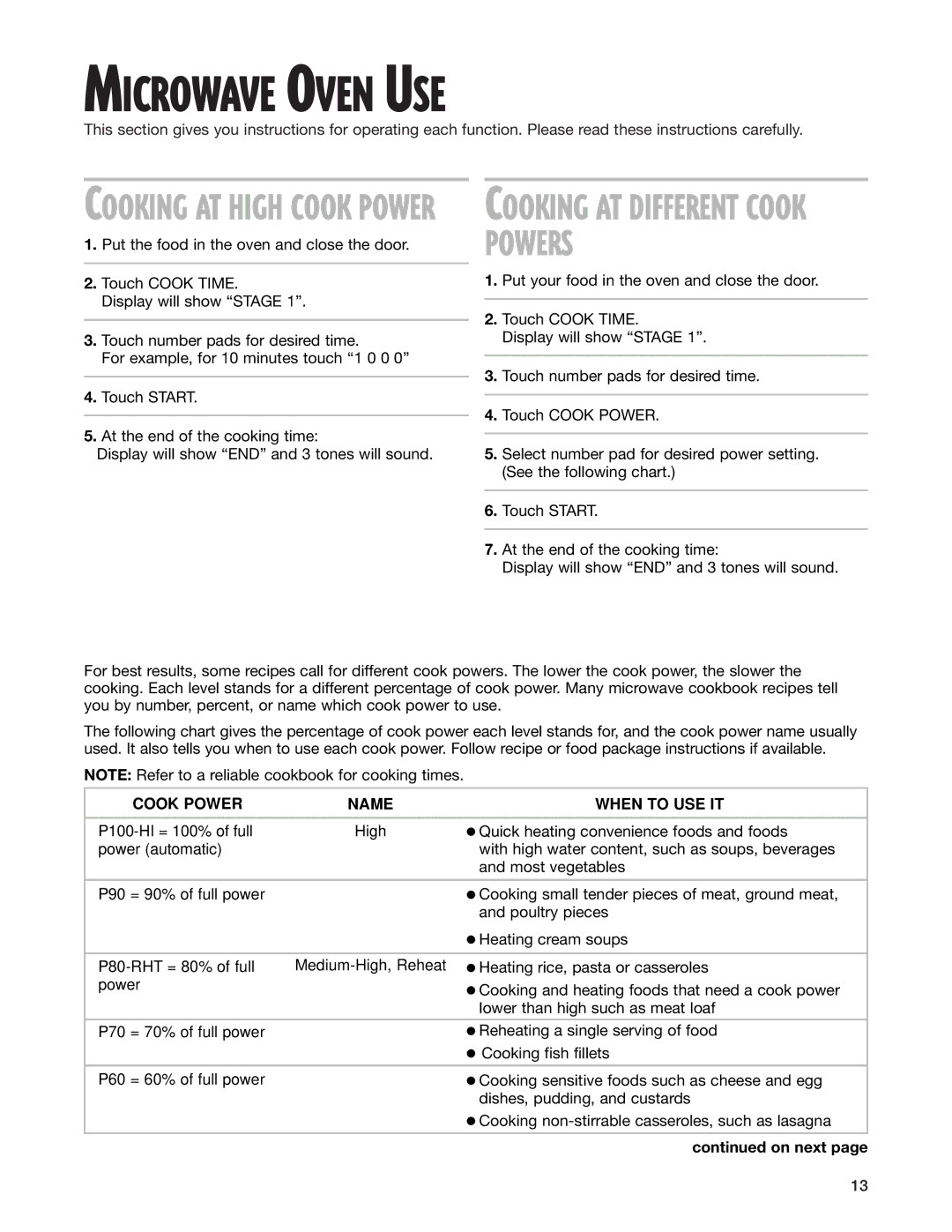 Whirlpool MT4145SK installation instructions Microwave Oven USE, Cooking AT High Cook Power 