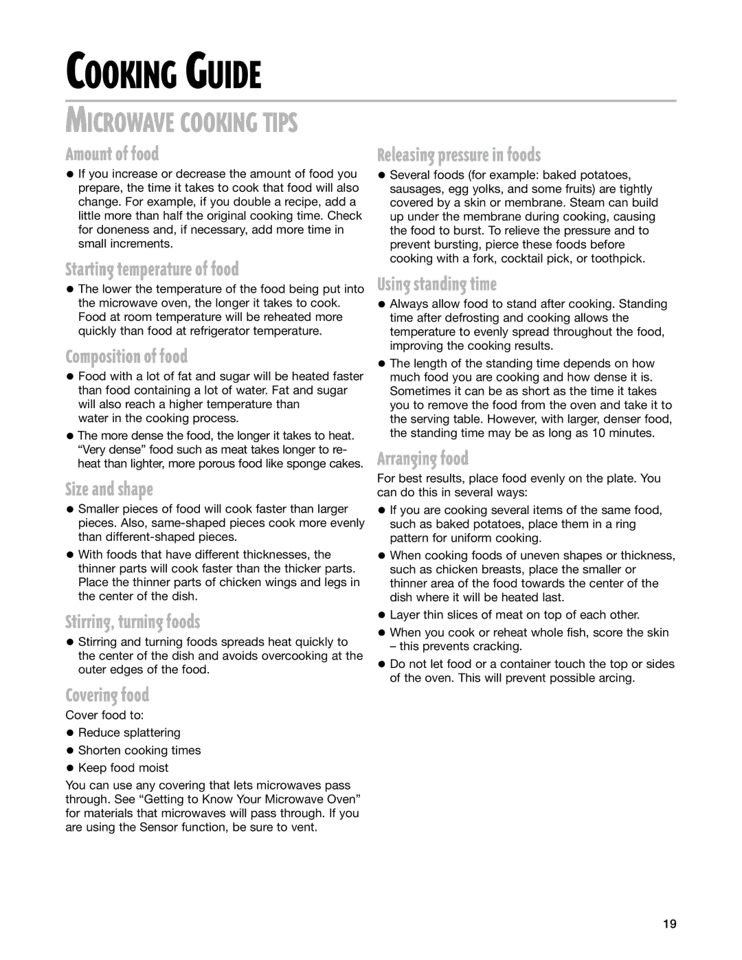 Whirlpool MT4145SK Cooking Guide, Releasing pressure in foods, Using standing time, Arranging food 