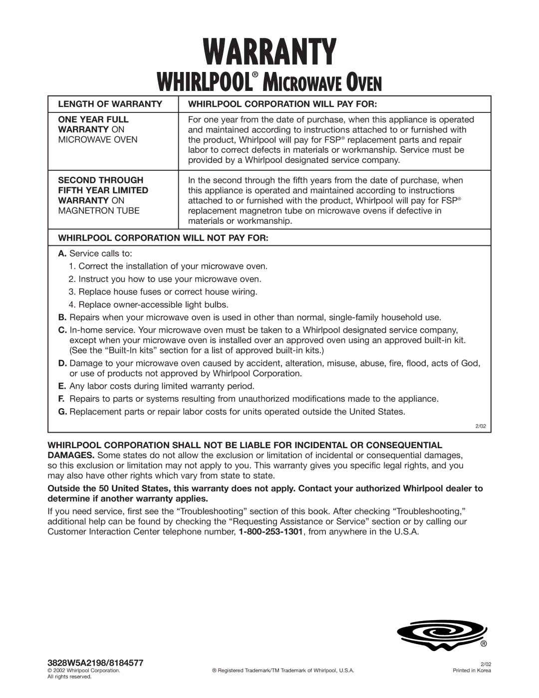 Whirlpool MT4145SK Warranty on, Second Through, Fifth Year Limited, Whirlpool Corporation will not PAY for 