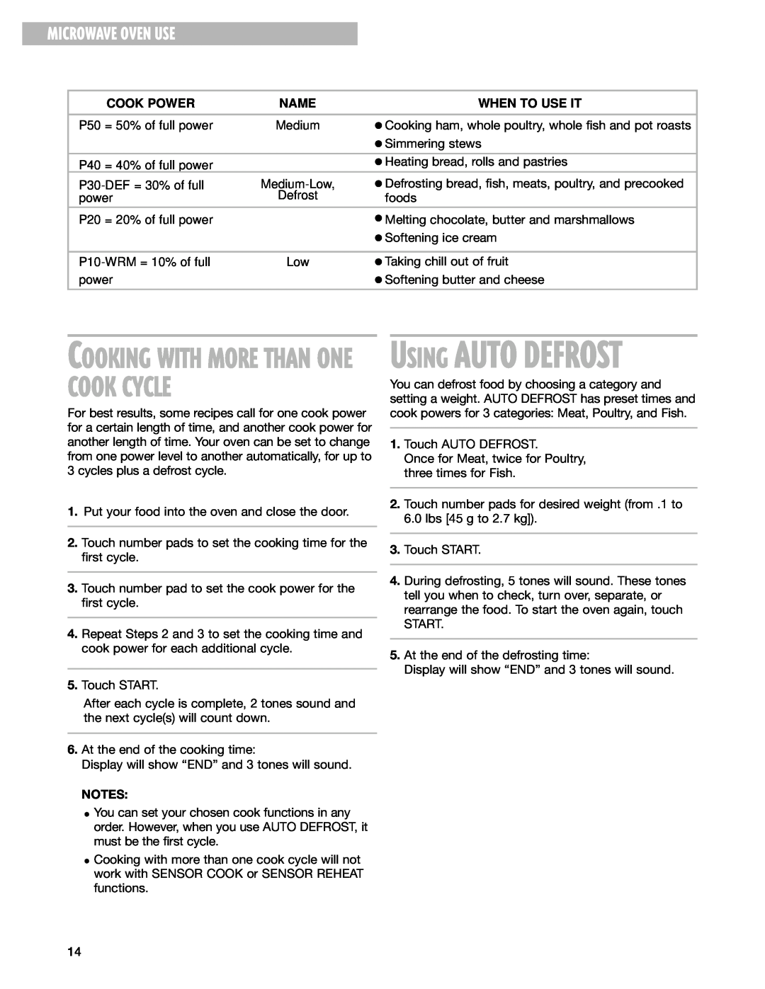 Whirlpool MT4145SK installation instructions Using Auto Defrost, Microwave Oven Use, Cooking With More Than One Cook Cycle 