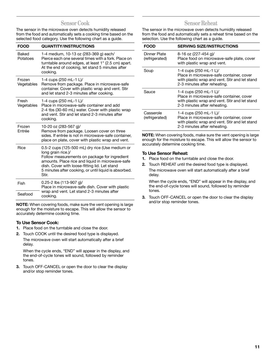 Whirlpool MT4155 manual SensorCook, SensorReheat, To Use Sensor Cook, To Use Sensor Reheat 