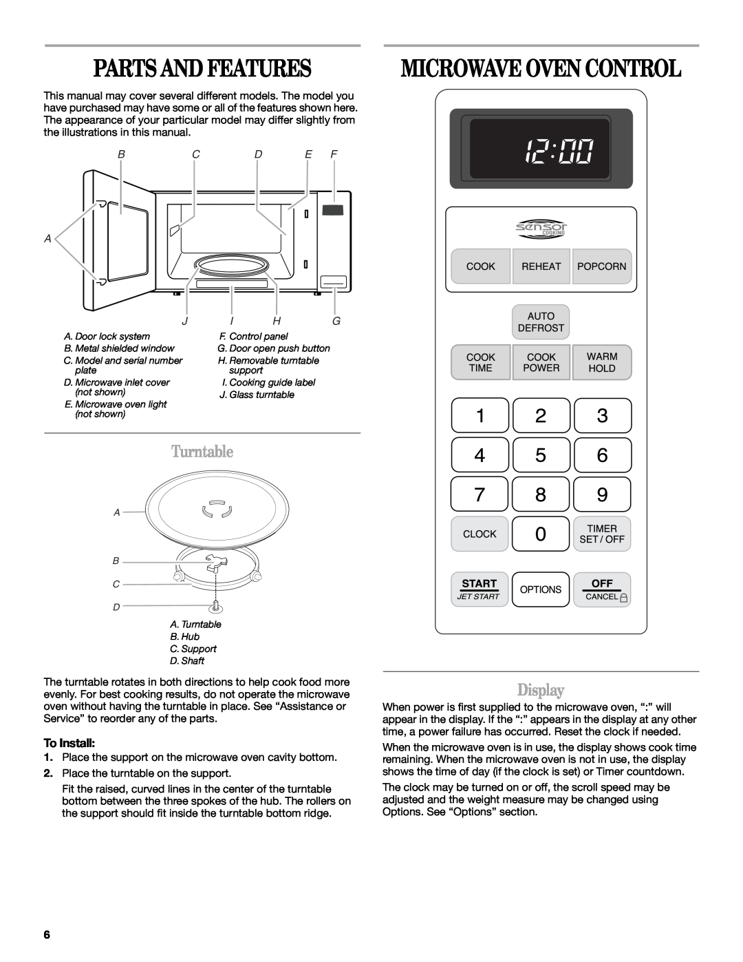 Whirlpool MT4155 manual Parts And Features, Turntable, Display, Microwave Oven Control, Bcd E F A 