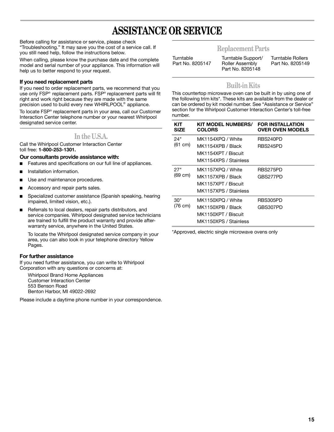 Whirlpool MT4155SP manual Assistance or Service, Replacement Parts, U.S.A, Built-inKits 