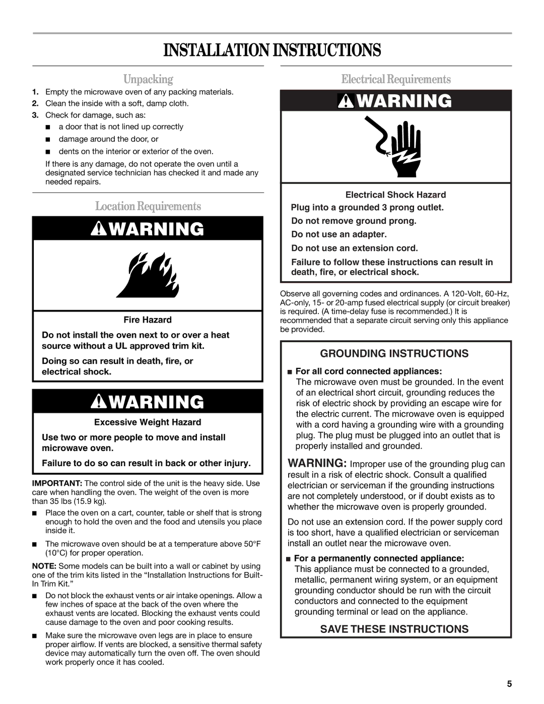 Whirlpool MT4155SP manual Installation Instructions, Unpacking, LocationRequirements, Electrical Requirements 