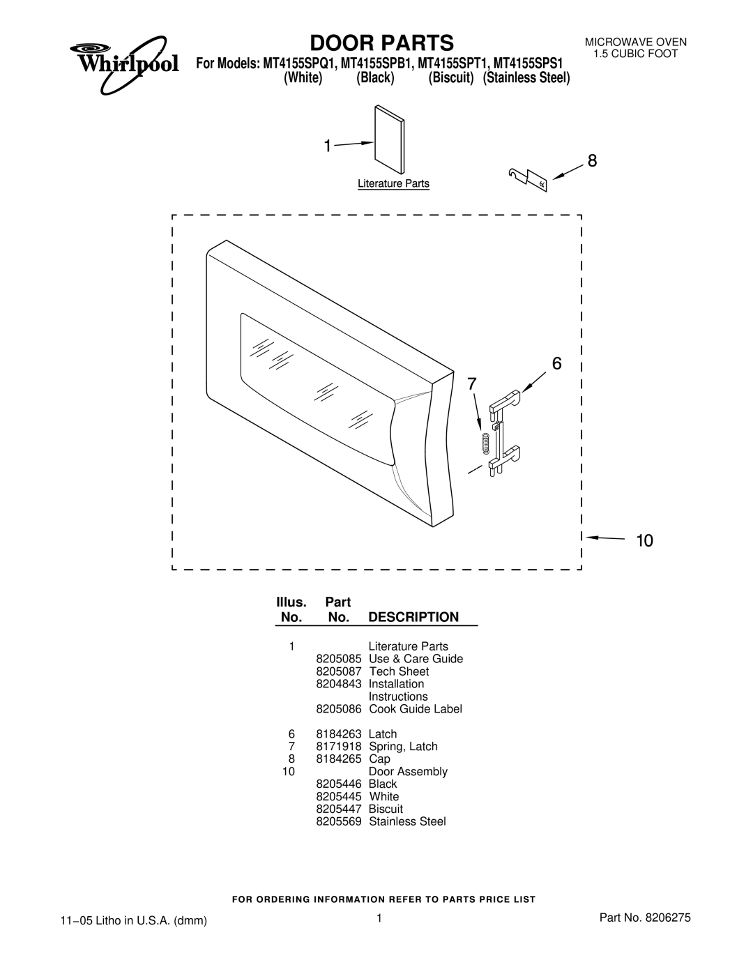 Whirlpool MT4155SPQ1, MT4155SPS1, MT4155SPT1 installation instructions Door Parts, Illus. Part No. No. Description 