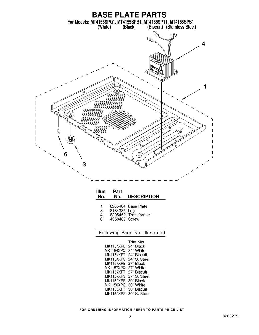 Whirlpool MT4155SPT1, MT4155SPS1, MT4155SPQ1, MT4155SPB1 Base Plate Parts, Following Parts Not Illustrated 