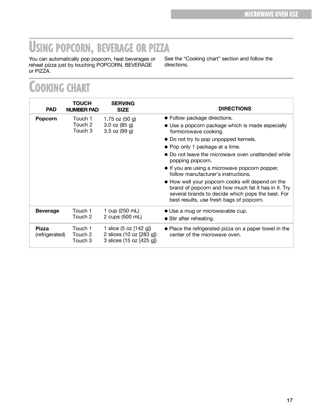 Whirlpool MT4210SL Using POPCORN, Beverage or Pizza, Cooking Chart, PAD Touch Serving Directions Number PAD Size 