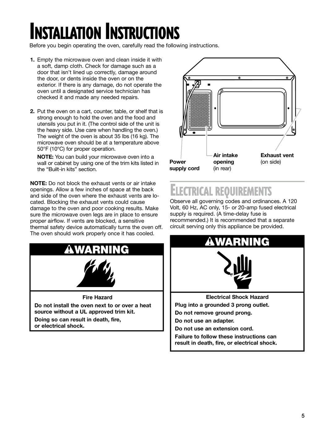 Whirlpool MT4210SL installation instructions Air intake Exhaust vent, Power Opening, Supply cord 