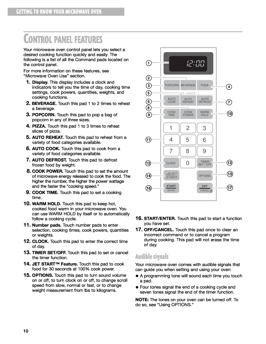 Whirlpool MT4210SL installation instructions Control Panel Features, Audible signals, Getting To Know Your Microwave Oven 