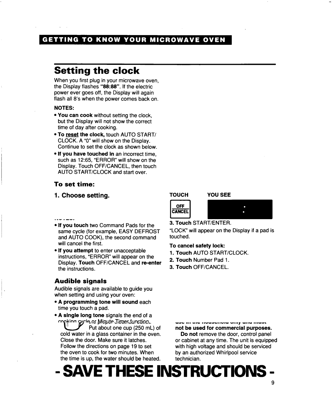 Whirlpool MT5120XAQ Setting the clock, To set time Choose setting Enter time of day, Complete entry, Touch YOU see 