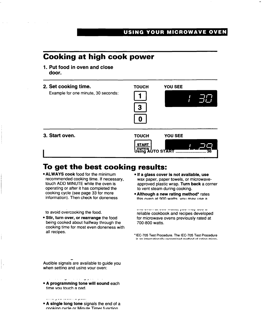 Whirlpool MT5120XAQ Cooking at high cook power, Put food in oven and close door Set cooking time, Oven 