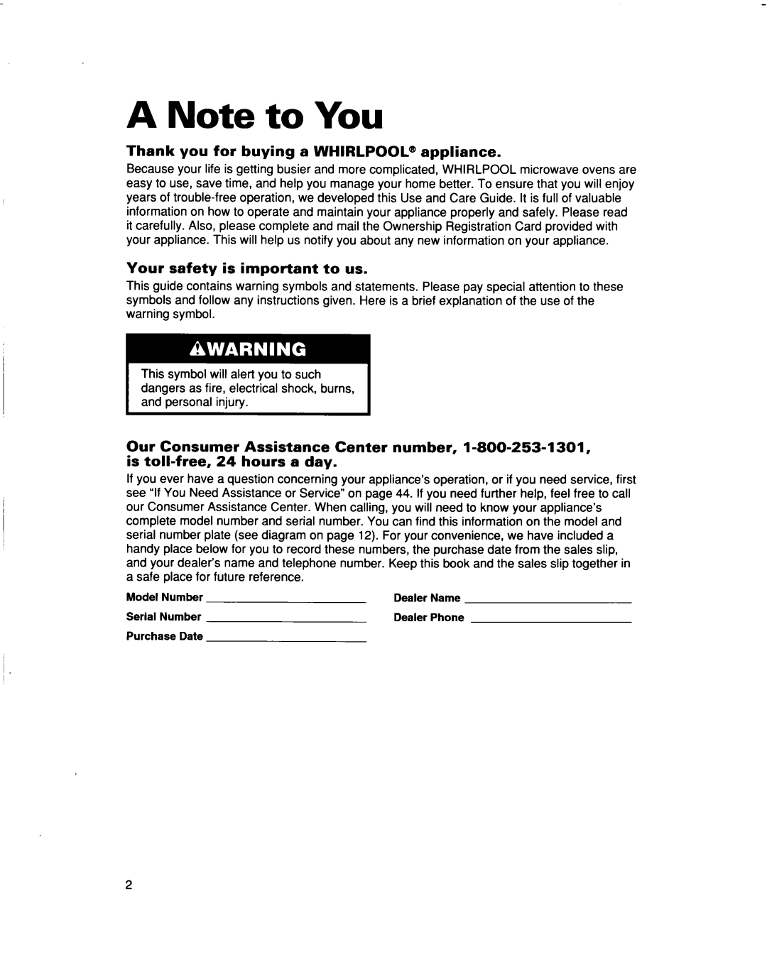 Whirlpool MT5120XAQ installation instructions Thank you for buying a WHIRLPOOL@ appliance, Your safety is important to us 