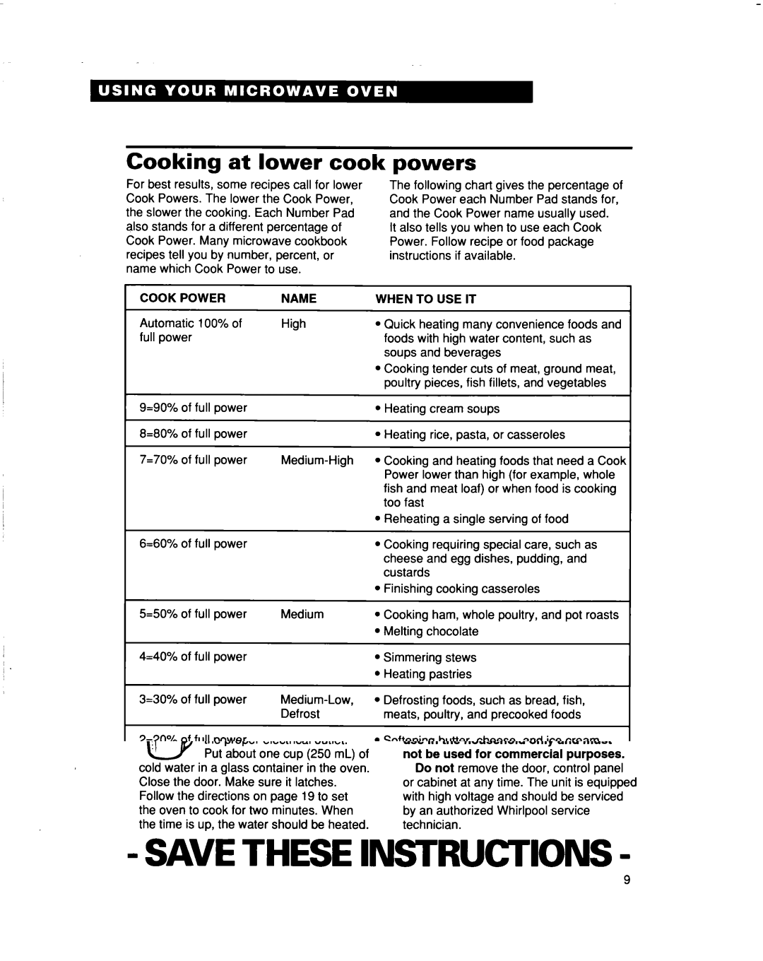 Whirlpool MT5120XAQ installation instructions Cooking at lower cook, Powers, Cook Power Name 