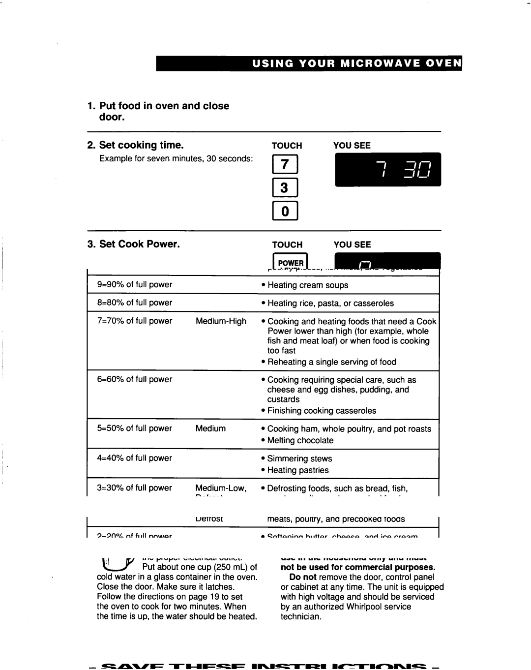 Whirlpool MT5120XAQ installation instructions Set Cook Power, Start oven, Touch YOU see Start 